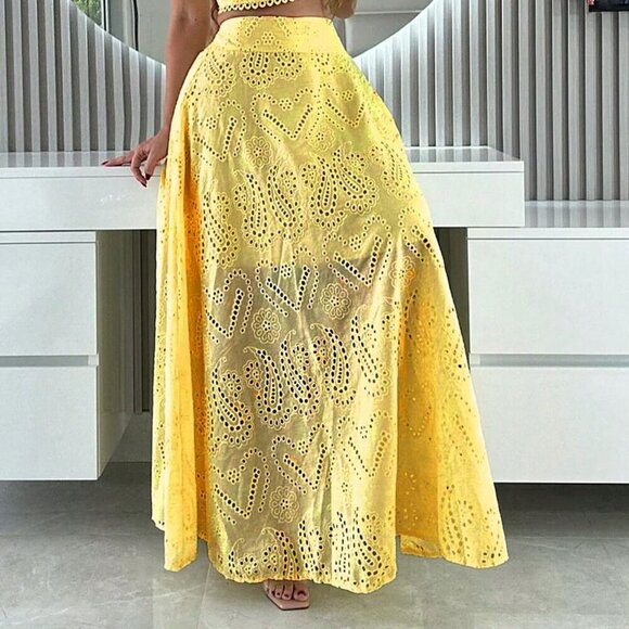 Yellow Elegant Women's Floral Hollow Out Full Embroidery A-Line Maxi Skirt - Picture 4 of 10